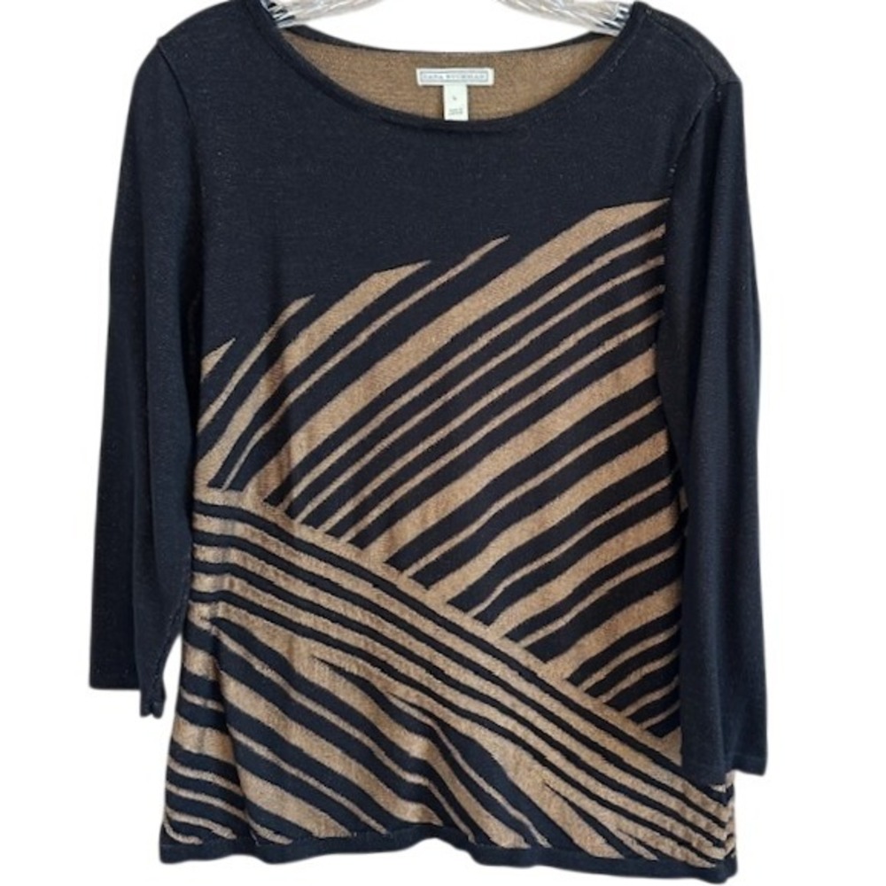 Dana Buchman Women's Black & Gold Striped 3/4 Sleeve Cotton Blend Shirt LG